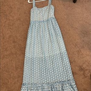 Dress - maxi, white and blue eyelet detail